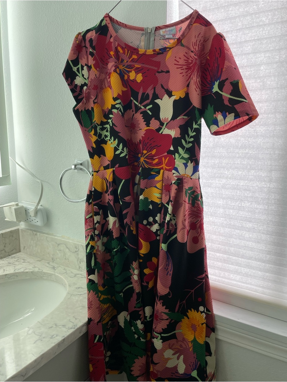 LuLaRoe Black Midi Dress with Pink, Yellow & Green Floral Print